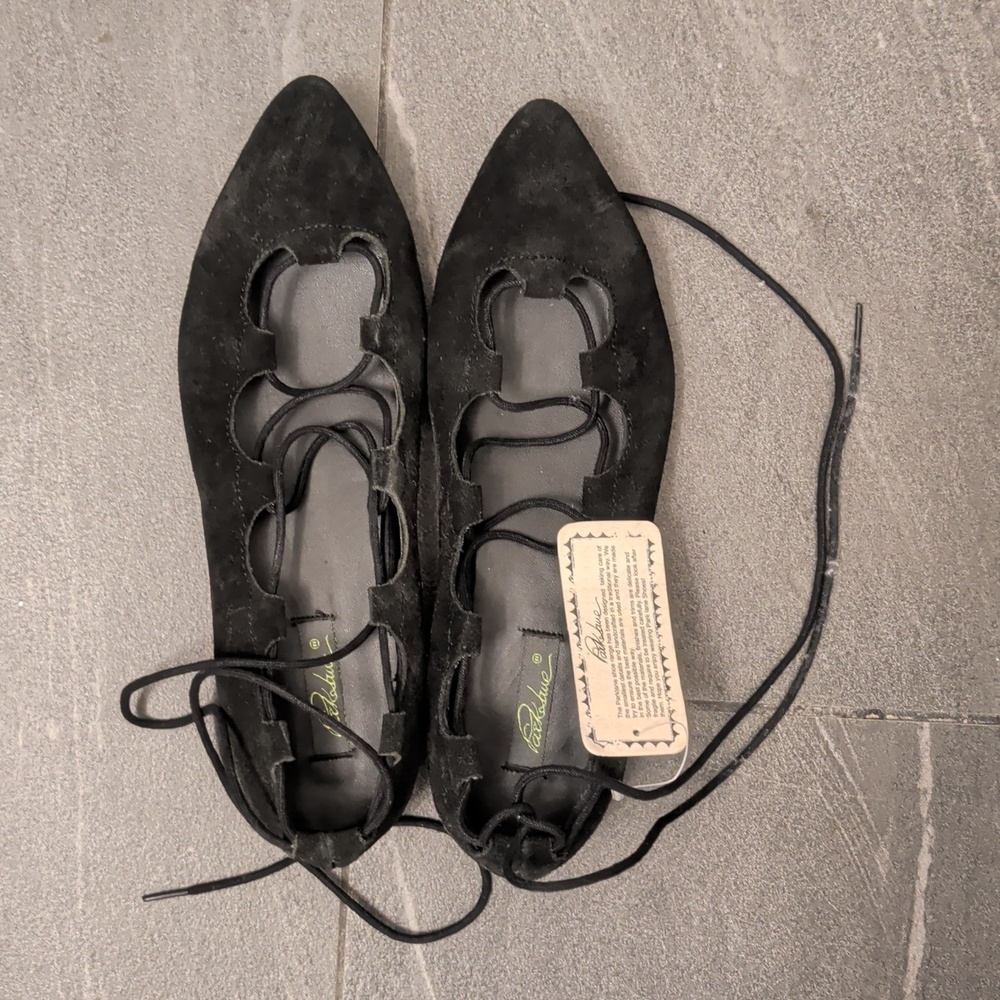 NWT ASOS Parklane Ankle Lace-Up Point Toe Ballet Flats Black Suede Size 38